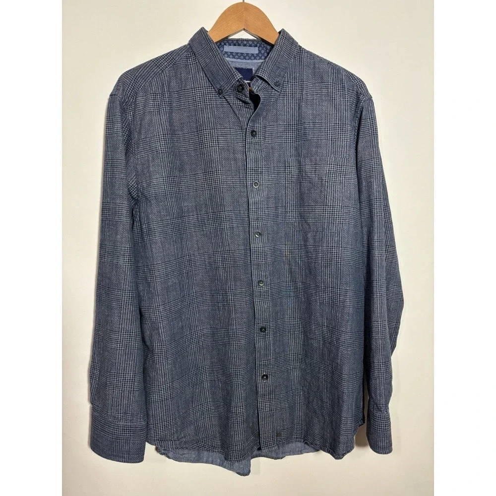Tommy Bahama Dress Shirt L  Blue Plaid L/S Button Down Linen‎ Cotton Beach